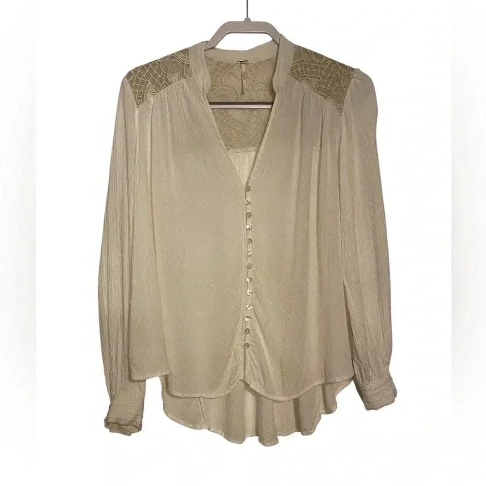 Free People Cream V-Neck Puff Sleeve Blouse with gold detail